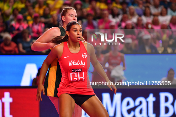 Jayda Pechova of England and Rolene Streutker of South Africa compete during the Fast5 Netball World Series match between England and South...