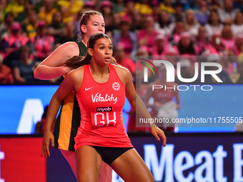 Jayda Pechova of England and Rolene Streutker of South Africa compete during the Fast5 Netball World Series match between England and South...