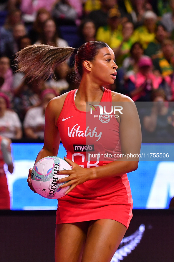 Jayda Pechova of England controls the ball during the Fast5 Netball World Series match between England and South Africa at the Wolfbrook Are...