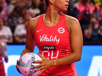 Jayda Pechova of England controls the ball during the Fast5 Netball World Series match between England and South Africa at the Wolfbrook Are...