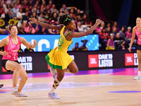 Zaudi Green of Jamaica (C) competes in the Fast5 Netball World Series match between New Zealand and Jamaica at the Wolfbrook Arena in Christ...