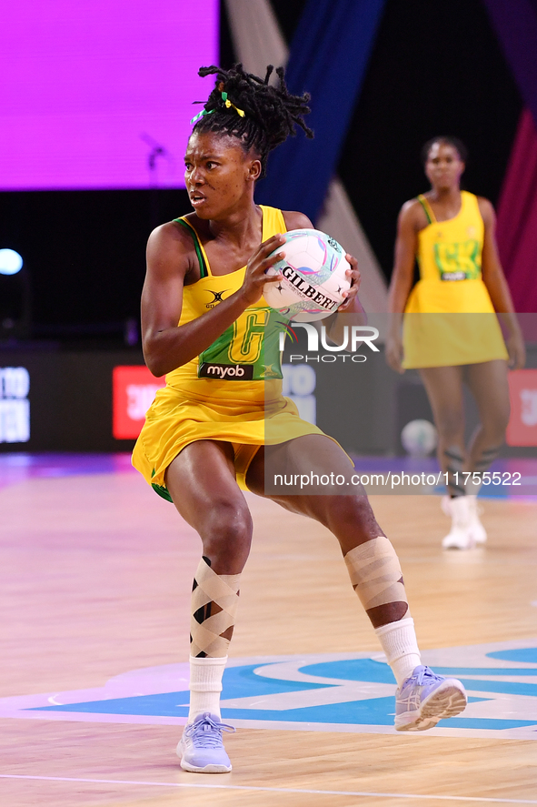 Zaudi Green of Jamaica (C) competes in the Fast5 Netball World Series match between New Zealand and Jamaica at the Wolfbrook Arena in Christ...