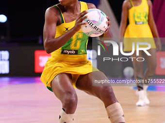 Zaudi Green of Jamaica (C) competes in the Fast5 Netball World Series match between New Zealand and Jamaica at the Wolfbrook Arena in Christ...