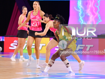 Zaudi Green of Jamaica competes in the Fast5 Netball World Series match between New Zealand and Jamaica at the Wolfbrook Arena in Christchur...