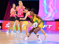 Zaudi Green of Jamaica competes in the Fast5 Netball World Series match between New Zealand and Jamaica at the Wolfbrook Arena in Christchur...