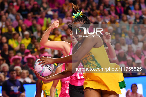 Amanda Pinkney of Jamaica competes in the Fast5 Netball World Series match between New Zealand and Jamaica at the Wolfbrook Arena in Christc...