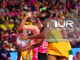 Amanda Pinkney of Jamaica competes in the Fast5 Netball World Series match between New Zealand and Jamaica at the Wolfbrook Arena in Christc...