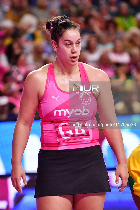 Maia Wilson of New Zealand looks on during the Fast5 Netball World Series match between New Zealand and Jamaica at the Wolfbrook Arena in Ch...