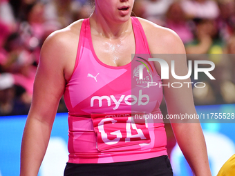 Maia Wilson of New Zealand looks on during the Fast5 Netball World Series match between New Zealand and Jamaica at the Wolfbrook Arena in Ch...