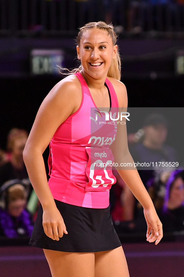 Martina Salmon of New Zealand looks on during the Fast5 Netball World Series match between New Zealand and Jamaica in Christchurch, New Zeal...