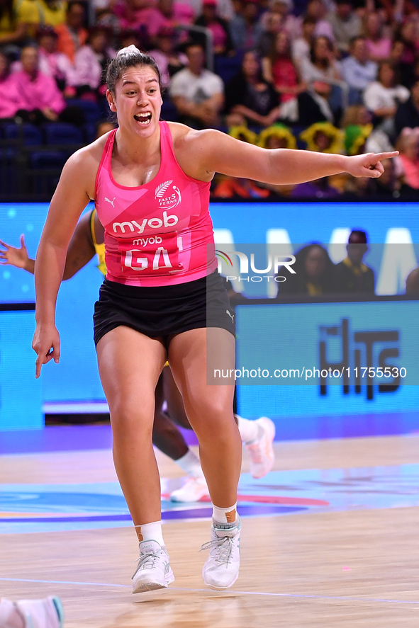 Maia Wilson of New Zealand reacts during the Fast5 Netball World Series match between New Zealand and Jamaica in Christchurch, New Zealand,...