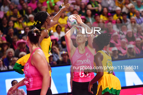 Aviour Tui of New Zealand (C) shoots during the Fast5 Netball World Series match between New Zealand and Jamaica at the Wolfbrook Arena in C...