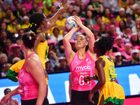 Aviour Tui of New Zealand (C) shoots during the Fast5 Netball World Series match between New Zealand and Jamaica at the Wolfbrook Arena in C...