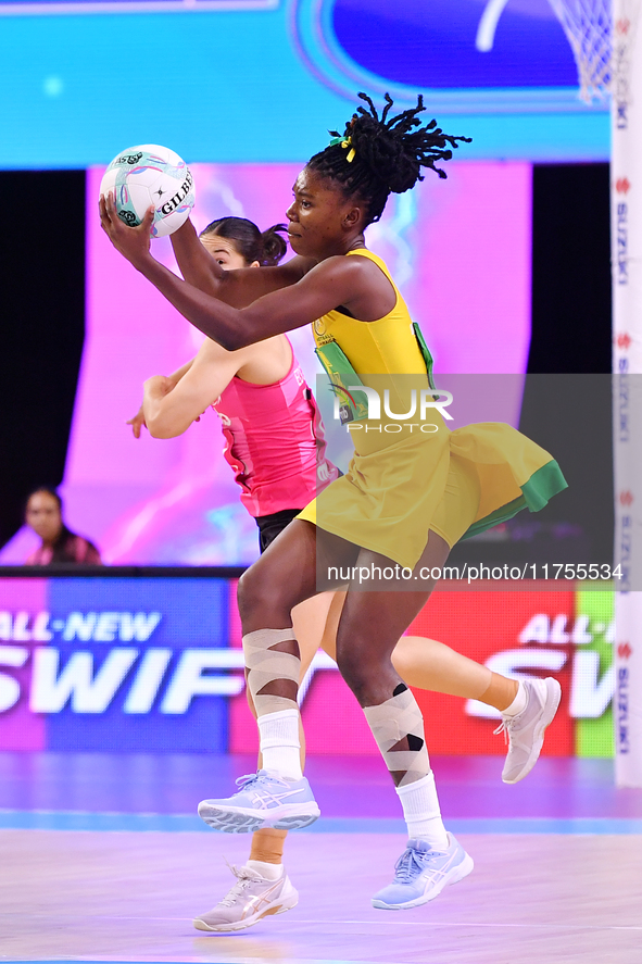 Zaudi Green of Jamaica controls the ball during the Fast5 Netball World Series match between New Zealand and Jamaica at the Wolfbrook Arena...