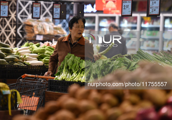 A consumer buys goods at a supermarket in Fuyang, China, on November 9, 2024. The consumer price index (CPI) rises 0.3 percent year on year...