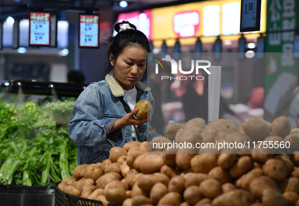 A consumer buys goods at a supermarket in Fuyang, China, on November 9, 2024. The consumer price index (CPI) rises 0.3 percent year on year...