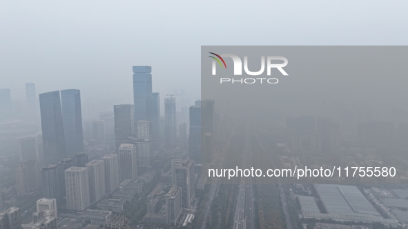 A high-tech zone is shrouded in thick smog in Xi'an, Shaanxi province, China, on November 9, 2024. 