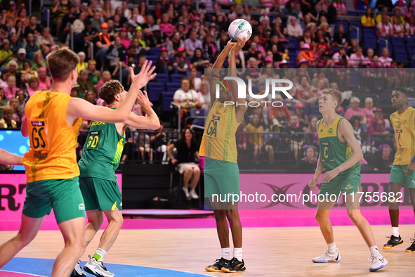 Eugene Sinxezi of South Africa (C) shoots during the Fast5 Netball World Series match between Australia and South Africa in Christchurch, Ne...