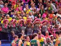 Fans cheer during the Fast5 Netball World Series match between Australia and South Africa at the Wolfbrook Arena in Christchurch, New Zealan...