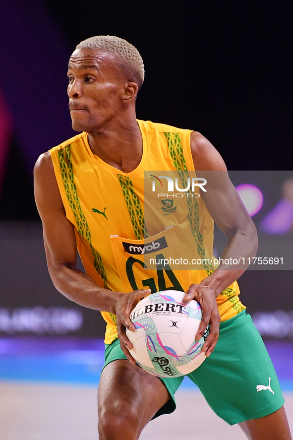 Eugene Sinxezi of South Africa competes in the Fast5 Netball World Series match between Australia and South Africa at the Wolfbrook Arena in...