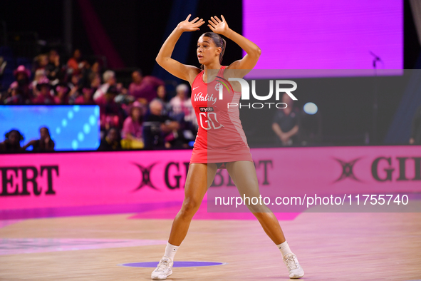 Jayda Pechova of England reacts during the Fast5 Netball World Series match between England and Jamaica at the Wolfbrook Arena in Christchur...