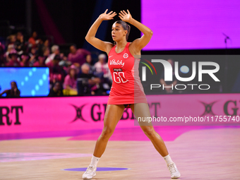 Jayda Pechova of England reacts during the Fast5 Netball World Series match between England and Jamaica at the Wolfbrook Arena in Christchur...