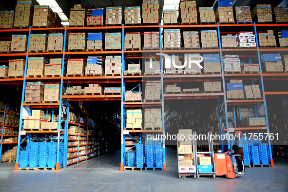 A staff member transfers goods at an e-commerce logistics warehouse in Lianyun district, Lianyungang, China, on November 9, 2024. 