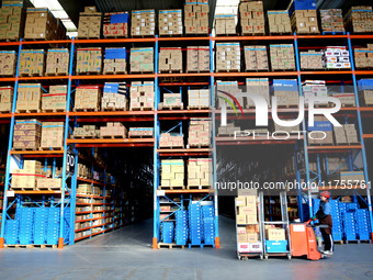 A staff member transfers goods at an e-commerce logistics warehouse in Lianyun district, Lianyungang, China, on November 9, 2024. (