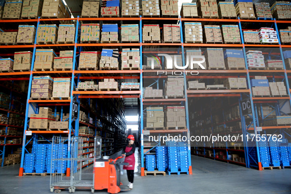 A staff member transfers goods at an e-commerce logistics warehouse in Lianyun district, Lianyungang, China, on November 9, 2024. 