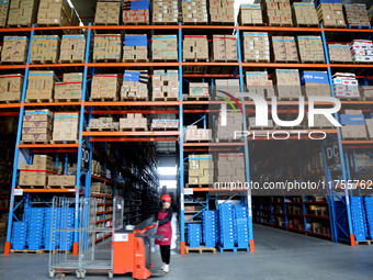 A staff member transfers goods at an e-commerce logistics warehouse in Lianyun district, Lianyungang, China, on November 9, 2024. (