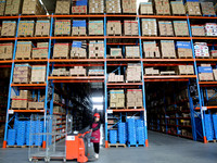 A staff member transfers goods at an e-commerce logistics warehouse in Lianyun district, Lianyungang, China, on November 9, 2024. (