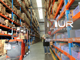 A staff member transfers goods at an e-commerce logistics warehouse in Lianyun district, Lianyungang, China, on November 9, 2024. (