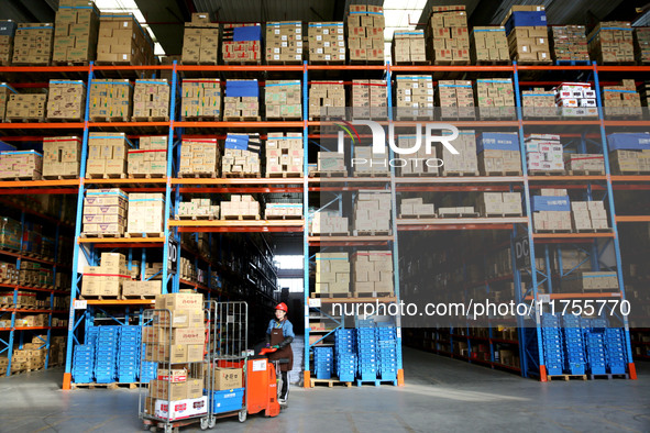 A staff member transfers goods at an e-commerce logistics warehouse in Lianyun district, Lianyungang, China, on November 9, 2024. 