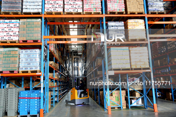 A staff member transfers goods at an e-commerce logistics warehouse in Lianyun district, Lianyungang, China, on November 9, 2024. 