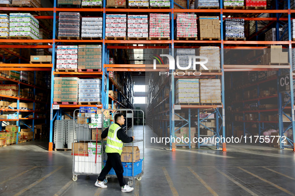 A staff member transfers goods at an e-commerce logistics warehouse in Lianyun district, Lianyungang, China, on November 9, 2024. 