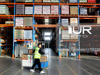 A staff member transfers goods at an e-commerce logistics warehouse in Lianyun district, Lianyungang, China, on November 9, 2024. (