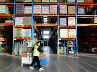 A staff member transfers goods at an e-commerce logistics warehouse in Lianyun district, Lianyungang, China, on November 9, 2024. (