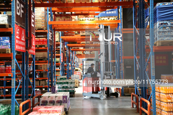 A staff member transfers goods at an e-commerce logistics warehouse in Lianyun district, Lianyungang, China, on November 9, 2024. 