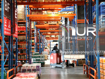 A staff member transfers goods at an e-commerce logistics warehouse in Lianyun district, Lianyungang, China, on November 9, 2024. (