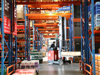 A staff member transfers goods at an e-commerce logistics warehouse in Lianyun district, Lianyungang, China, on November 9, 2024. (