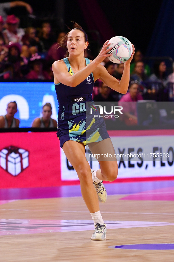 Ruby Bakewell-Doran of Australia competes during the Fast5 Netball World Series match between Australia and South Africa at the Wolfbrook Ar...