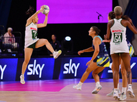 Shannen Bartlett of South Africa (L) catches the ball during the Fast5 Netball World Series match between Australia and South Africa at the...