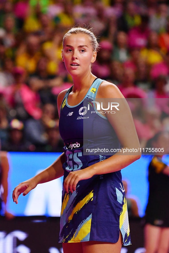 Matissa Letherbarrow of Australia looks on during the Fast5 Netball World Series match between Australia and South Africa at the Wolfbrook A...