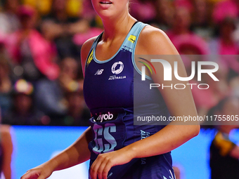 Matissa Letherbarrow of Australia looks on during the Fast5 Netball World Series match between Australia and South Africa at the Wolfbrook A...