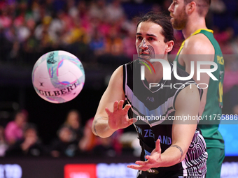 Te Matahiapo Hynes of New Zealand catches the ball during the Fast5 Netball World Series match between New Zealand and Australia in Christch...