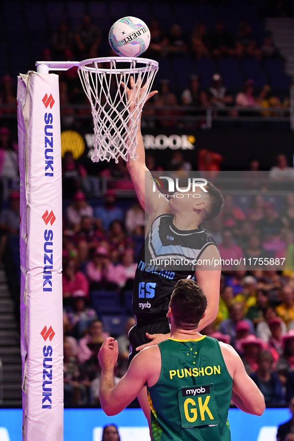 Mikaira Raerino of New Zealand shoots a goal during the Fast5 Netball World Series match between New Zealand and Australia in Christchurch,...