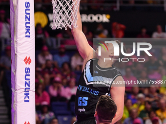 Mikaira Raerino of New Zealand shoots a goal during the Fast5 Netball World Series match between New Zealand and Australia in Christchurch,...