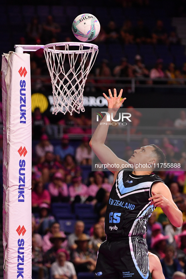 Mikaira Raerino of New Zealand shoots a goal during the Fast5 Netball World Series match between New Zealand and Australia in Christchurch,...