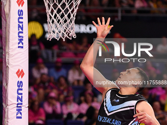 Mikaira Raerino of New Zealand shoots a goal during the Fast5 Netball World Series match between New Zealand and Australia in Christchurch,...