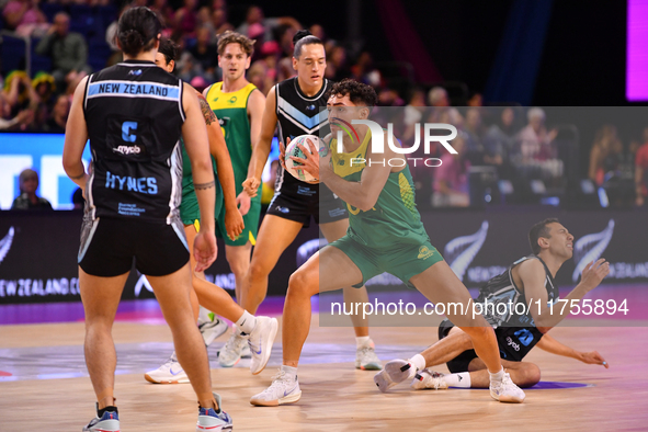 Dravyn Lee-Tauroa of Australia competes in the Fast5 Netball World Series match between New Zealand and Australia at the Wolfbrook Arena in...